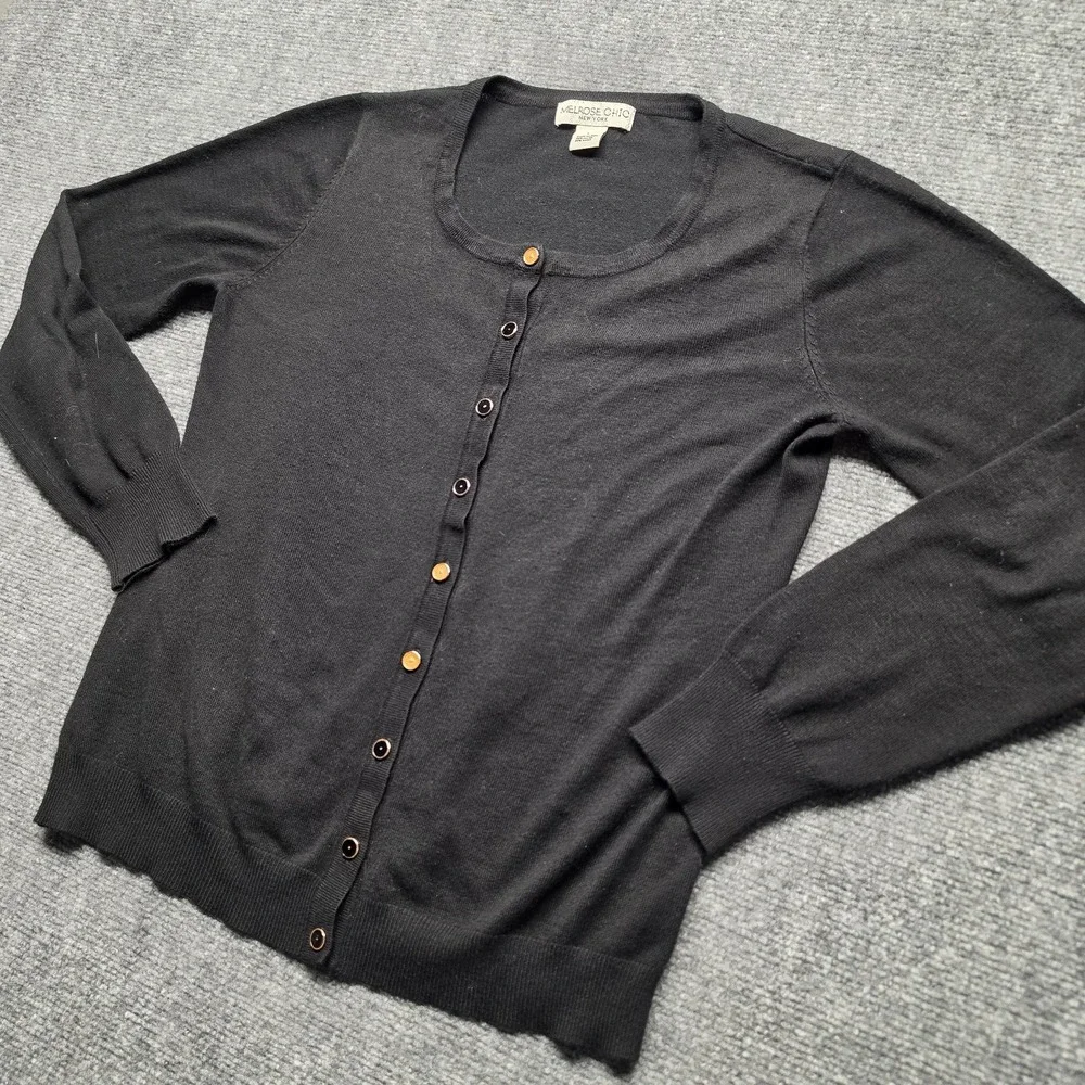 Melrose Chic Womens L Black Scoop Neck Cardigan Classic Soft Fine Knit Sweater